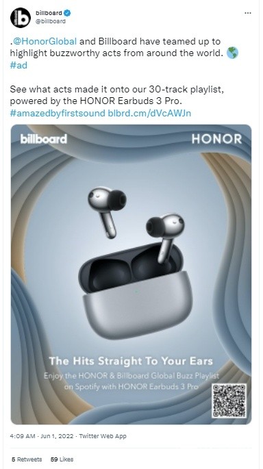Billboard公告牌携手荣耀耳机Earbuds 3 Pro发布专属歌单，好歌就用好耳机听